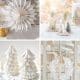 A collage of four festive images: a paper star decoration, two small Christmas trees under glass domes, paper trees on a table, and a white wreath on a window pane. Perfect holiday craft ideas for creating a cozy and elegant setting surrounded by candles and light.