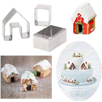 A collection of cookie cutters for crafting the best Christmas cookies, a decorated gingerbread house, mini gingerbread houses with icing details and powdered sugar, and a winter-themed cake adorned with small house decorations on a glass stand.