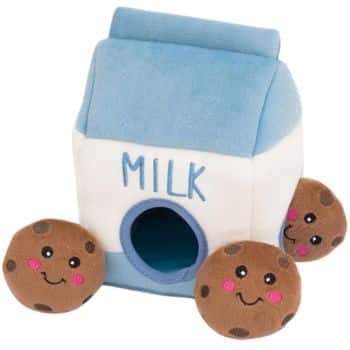 Plush toy set featuring a blue and white milk carton with the word "MILK" on it, and three smiling plush cookies with chocolate chips around it.