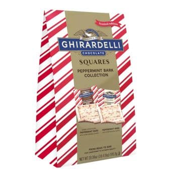 A package of Ghirardelli limited edition Peppermint Bark Collection squares is the perfect chocolate Christmas treat. The bag features a festive red and white striped design with images of individual squares, each topped with delightful peppermint pieces.