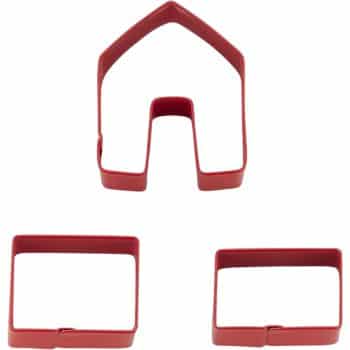 Three red cookie cutters are arranged on a white background, ideal for crafting the best Christmas cookies. The top cutter is shaped like a house, while the two bottom cutters are rectangular.