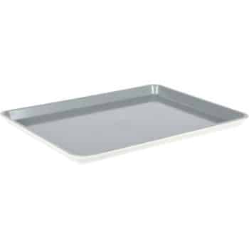 A flat, rectangular metal baking sheet with raised edges, shown against a white background. Perfect for baking Christmas treats, the sheet features a smooth, shiny surface and a light gray color.