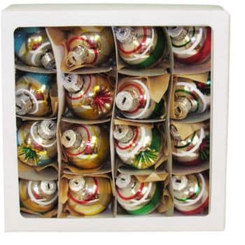 A box containing twelve colorful, striped Christmas ornaments ideal for holiday crafts, each in a separate compartment lined with brown paper. The ornaments are shiny and spherical, perfect for inspiring festive creativity in Christmas crafts for adults.