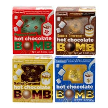 Four boxes of Frankford hot chocolate bombs: peppermint, double chocolate, salted caramel, and classic hot chocolate. Each box features colorful designs and images of the chocolate bombs with marshmallows.