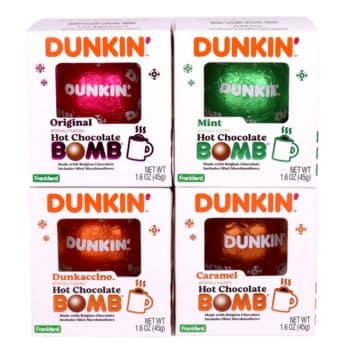 Four Dunkin' Hot Chocolate Bomb packages are displayed in a grid. Flavors include Original, Mint, Dunkaccino, and Caramel. Each package shows a picture of a hot beverage mug and chocolate bomb design.