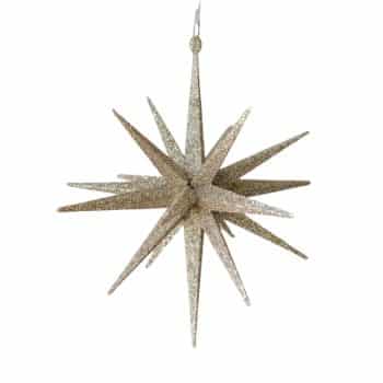 A glittery, gold star ornament with multiple pointed spikes radiating from the center, designed for hanging.