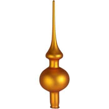 A golden, elongated glass ornament with a bulbous center and a pointed tip, set against a white background.