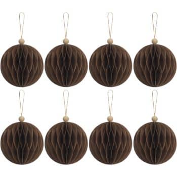 Eight brown honeycomb-patterned hanging decorations are evenly arranged in two rows. Each decoration has a round shape and a loop at the top for hanging.