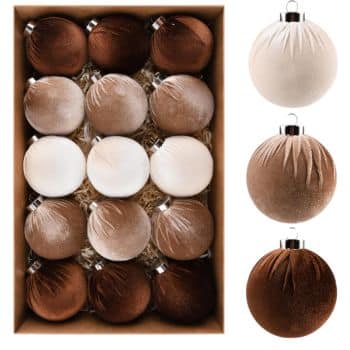 A box containing 15 round, velvet-textured Christmas ornaments in shades of brown, beige, and cream. Three individual ornaments are shown in close-up on the right side, displaying their texture and color variations.