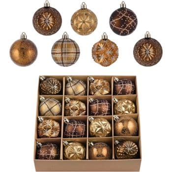 A collection of 18 gold and brown Christmas ornaments with various designs, including stars, plaid, and glitter patterns, displayed in a cardboard box. Additional ornaments are shown above the box.