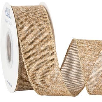 A roll of burlap ribbon partially unrolled, showing its coarse, woven texture. The ribbon is a light brown color and has a rustic appearance, suitable for crafts or decorations.