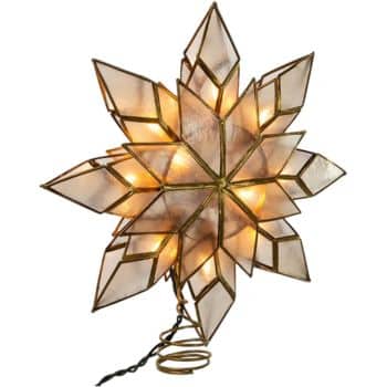 A decorative star-shaped tree topper with illuminated stained glass panels in a geometric pattern, featuring a spiral base for attachment.