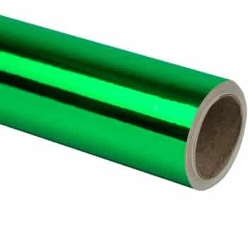 A roll of shiny, metallic green wrapping paper with a reflective surface, showing a side view of the open end and the roll's core.