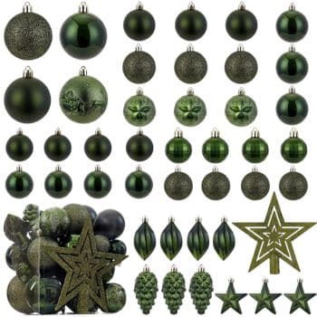 A collection of green Christmas ornaments in various shapes and textures, including baubles, stars, and drop-shaped designs, arranged in rows. Some ornaments are matte, while others are shiny or glittery.