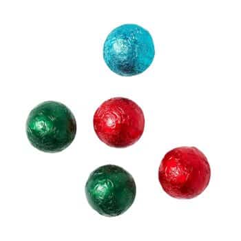 Five foil-wrapped chocolate balls are arranged on a white background. There are two green balls, two red balls, and one blue ball.