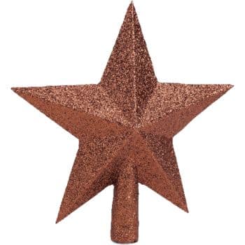 A glittery, brown five-pointed star-shaped tree topper designed to be placed on the peak of a Christmas tree.