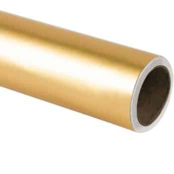 A roll of shiny gold wrapping paper with a visible cardboard core, positioned at an angle. The paper has a smooth and reflective surface.