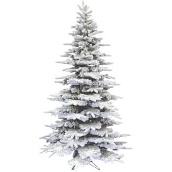 A snow-covered artificial Christmas tree stands on a white background, with evenly spaced branches and a full, conical shape.