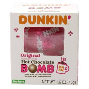 A Dunkin' Hot Chocolate Bomb package, featuring a pink hot chocolate bomb wrapped in foil. The package advertises original flavor, mini marshmallows, and a net weight of 1.6 oz (45g).