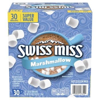 Box of Swiss Miss Marshmallow Hot Cocoa Mix displaying a cup of cocoa with mini marshmallows. The packaging highlights "30 Envelopes", "Super Value", and "No Artificial Sweeteners, Flavors, Colors, Preservatives".