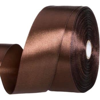 A roll of wide, shiny brown satin ribbon partially unrolled on a white background.