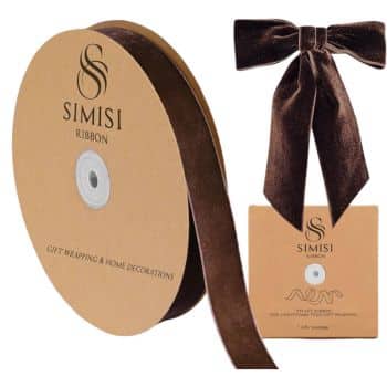 A spool of brown Simisi ribbon for gift wrapping and home decor is shown, along with a large bow made from the same ribbon. The packaging features the Simisi logo and branding.