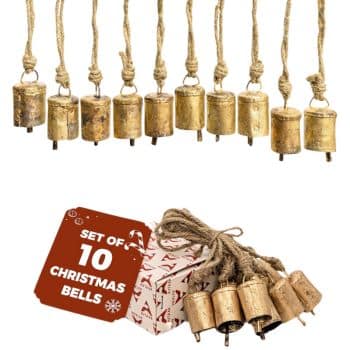 A set of 10 rustic golden Christmas bells displayed. The bells are hanging on twine, and a few are placed next to a festive box. A red sign reads "Set of 10 Christmas Bells.