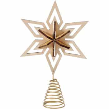 A gold, geometric star-shaped Christmas tree topper with layered, angular designs and a spiral base.