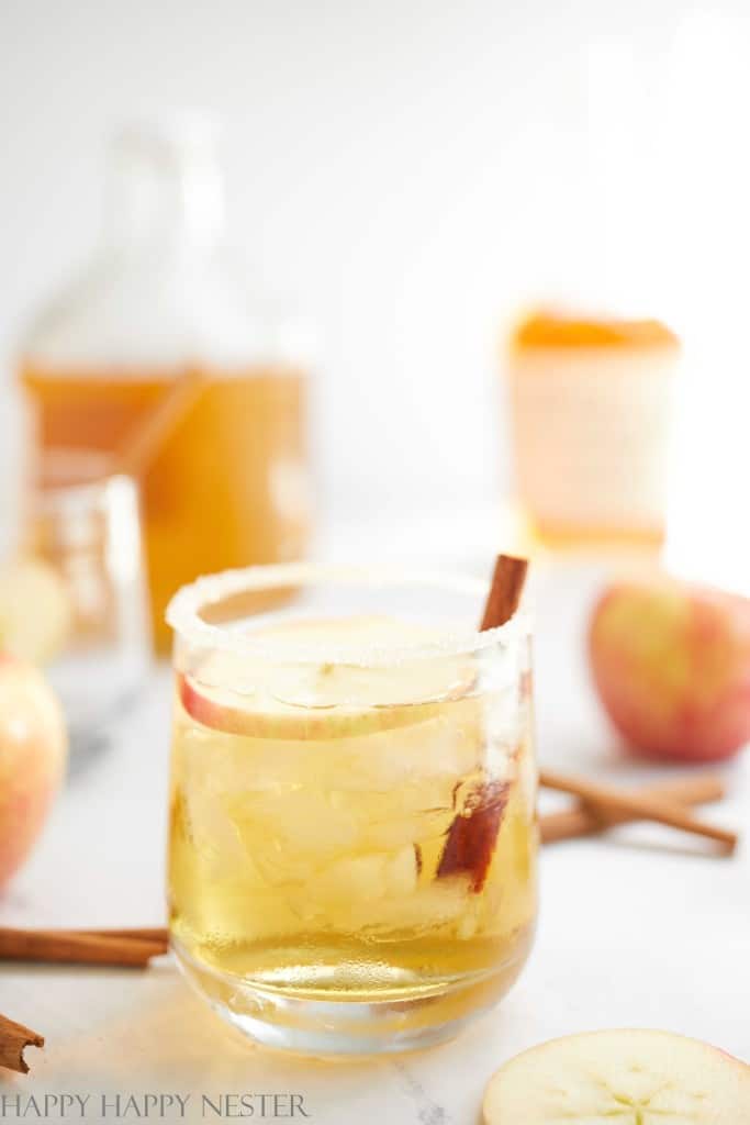 A glass of apple cider on a table, garnished with a cinnamon stick, evokes flavors perfect for New Year's recipes. Surrounding the glass are apples and cinnamon sticks, set against a blurred background featuring a jar of cider and an orange container.