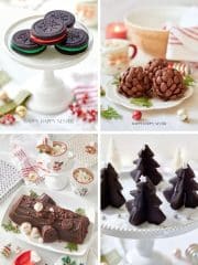 Festive holiday desserts displayed on white stands and plates, featuring snowflake-patterned cookies, chocolate pinecone treats, a yule log cake with red accents, and Christmas tree-shaped cookies. These delightful creations are perfect inspirations for your Christmas treat recipes amidst cozy holiday decor.