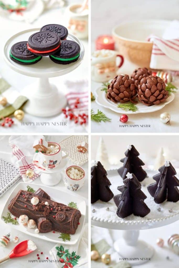 Festive holiday desserts displayed on white stands and plates, featuring snowflake-patterned cookies, chocolate pinecone treats, a yule log cake with red accents, and Christmas tree-shaped cookies. These delightful creations are perfect inspirations for your Christmas treat recipes amidst cozy holiday decor.