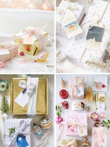 A collage of four images showcases beautifully wrapped Christmas gifts adorned with cute Christmas tags, ribbons, and ornaments. The packages feature festive designs in pastel colors, gold, and silver, surrounded by decorative items and holiday decorations.