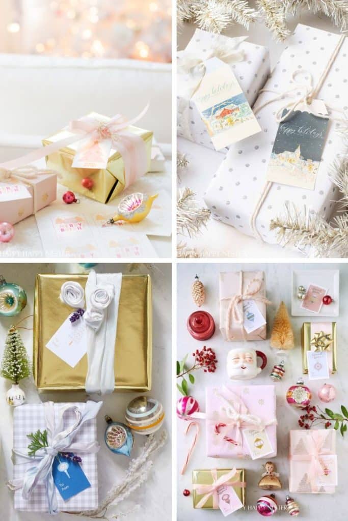 A collage of four images showcases beautifully wrapped Christmas gifts adorned with cute Christmas tags, ribbons, and ornaments. The packages feature festive designs in pastel colors, gold, and silver, surrounded by decorative items and holiday decorations.