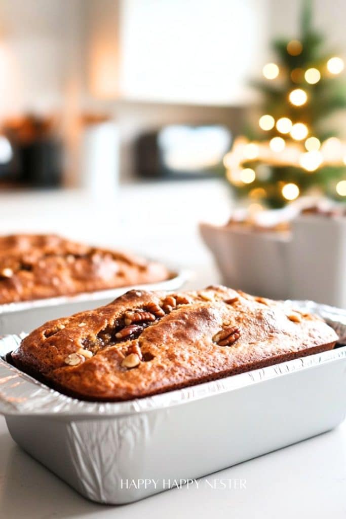 Two freshly baked loaves of nut bread in aluminum pans sit on a kitchen counter. A small blurred Christmas tree with glowing lights is visible in the background, creating a cozy holiday atmosphere, perfect for adding to your favorite Christmas treat recipes.