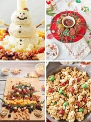 Four festive holiday appetizers: a cheese ball snowman with crackers, a dessert platter with cookies and candy, a charcuterie board shaped like a Christmas tree, and a bowl of mixed cereal and candy. These holiday snacks make perfect starters for any celebration.