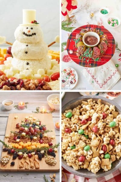 Four festive holiday appetizers: a cheese ball snowman with crackers, a dessert platter with cookies and candy, a charcuterie board shaped like a Christmas tree, and a bowl of mixed cereal and candy. These holiday snacks make perfect starters for any celebration.