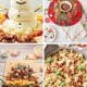 Four festive holiday appetizers: a cheese ball snowman with crackers, a dessert platter with cookies and candy, a charcuterie board shaped like a Christmas tree, and a bowl of mixed cereal and candy. These holiday snacks make perfect starters for any celebration.