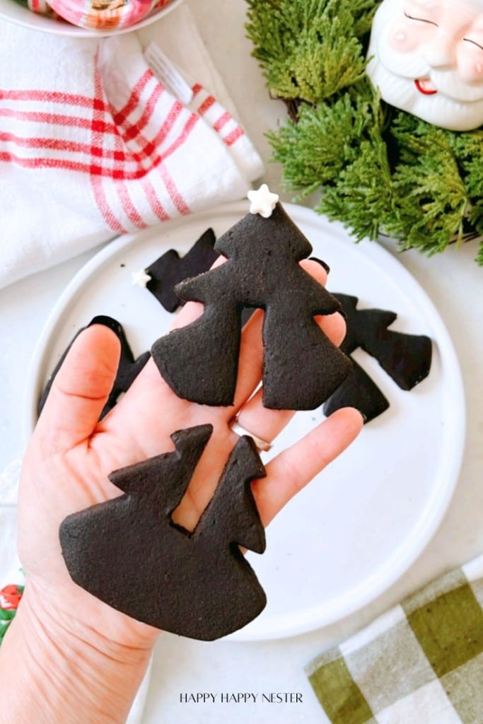 A hand holds a black Christmas Tree Cookie, topped with a small white star. In the background, more cookies, a red and white towel, and festive decorations set the holiday scene.