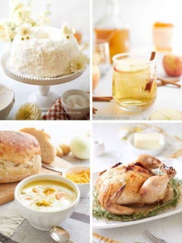 A collage of four images showcases delightful New Year's recipes: a coconut cake adorned with flowers, a glass of apple cider infused with cinnamon sticks, a hearty bowl of soup accompanied by bread, and a succulent roasted chicken garnished with herbs. Each image captures a distinct, delicious dish.