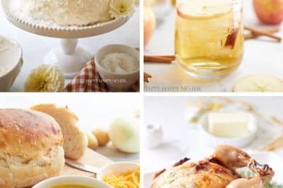 A collage of four images showcases delightful New Year's recipes: a coconut cake adorned with flowers, a glass of apple cider infused with cinnamon sticks, a hearty bowl of soup accompanied by bread, and a succulent roasted chicken garnished with herbs. Each image captures a distinct, delicious dish.