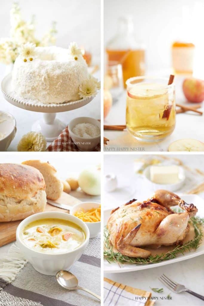 A collage of four images showcases delightful New Year's recipes: a coconut cake adorned with flowers, a glass of apple cider infused with cinnamon sticks, a hearty bowl of soup accompanied by bread, and a succulent roasted chicken garnished with herbs. Each image captures a distinct, delicious dish.