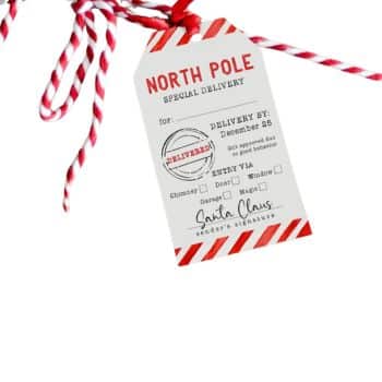 A cute Christmas tag with red and white stripes reads "North Pole Special Delivery," featuring delivery method options like chimney or window. It boasts a "Delivered" stamp and Santa Claus's signature, all tied with red and white twine for added festive charm.