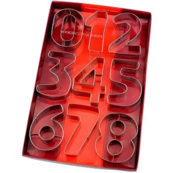 A set of metal cookie cutters shaped like numbers 0 through 9, perfect for crafting delightful new year's recipes, neatly arranged in a red box.