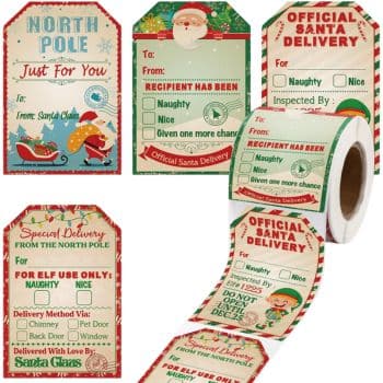 Cute Christmas tags and stickers with Santa themes, featuring checkboxes for "Naughty" and "Nice," delivery options like chimney or sleigh, and colorful illustrations of Santa and holiday decor. Stickers on a roll are included to add an adorable touch to your festive gifts.