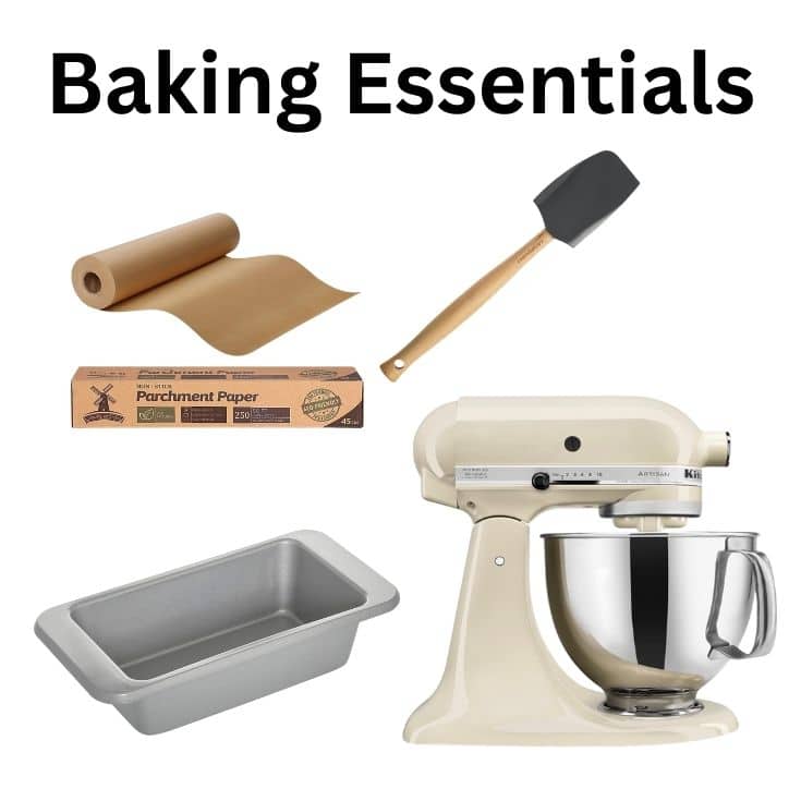 A collage of baking essentials including parchment paper, a black spatula, a silver loaf pan, and a cream-colored stand mixer. The text "Baking Essentials" is at the top.