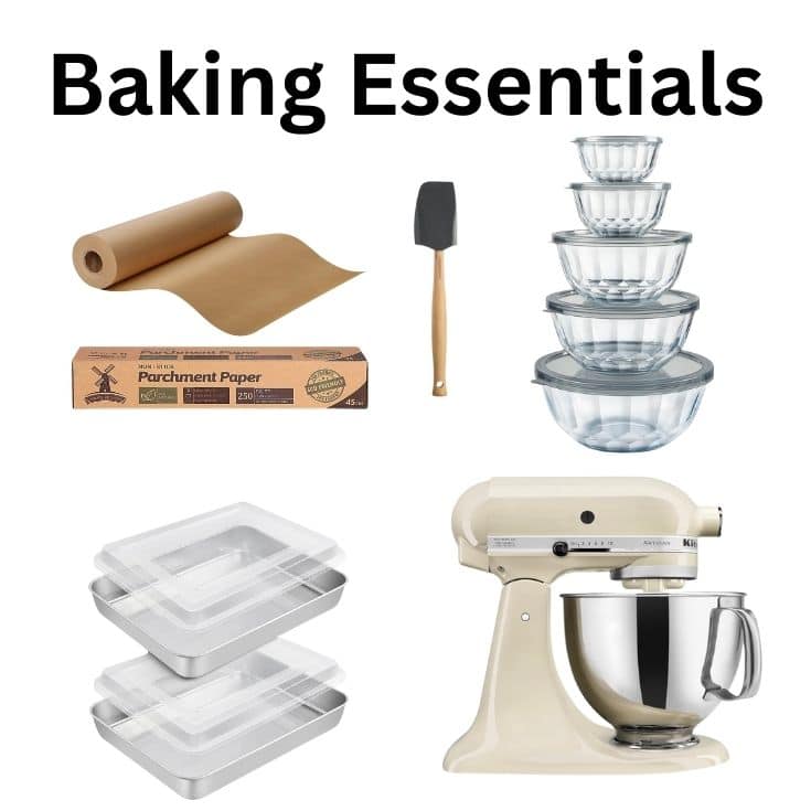 Image titled "Baking Essentials" featuring a box of parchment paper, a spatula, nested glass mixing bowls, rectangular baking pans with lids, and a stand mixer, all items associated with baking.