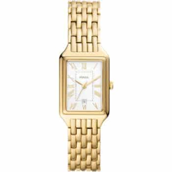 A rectangular gold watch with a linked band. The white dial features Roman numerals and gold-tone hour, minute, and second hands. The brand name is visible beneath the 12 o'clock position.