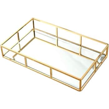 A rectangular glass tray with a gold metal frame. The sides are composed of vertical metal bars and clear glass panels, creating an elegant and modern design.