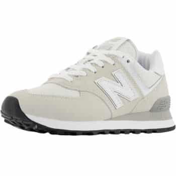 A white and light gray New Balance sneaker with a large "N" logo on the side, featuring a black sole and white laces. The shoe has a cushioned heel and a sporty design.