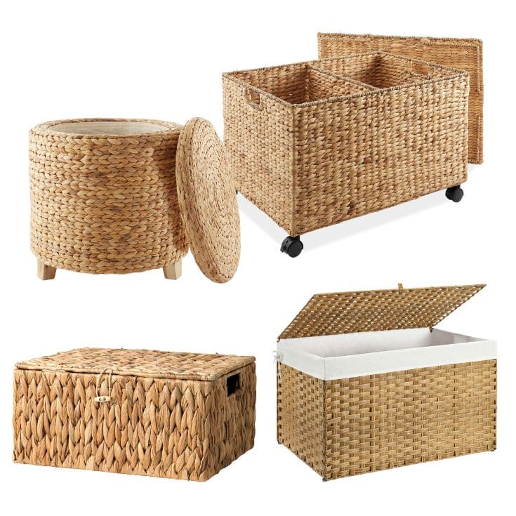 Four wicker storage baskets are shown. One is round with a lid, another is rectangular with wheels and a lid, the third is a rectangular box with handles, and the fourth is a rectangular basket with a hinged lid and fabric lining—ideal for professional organizing tips in your home.